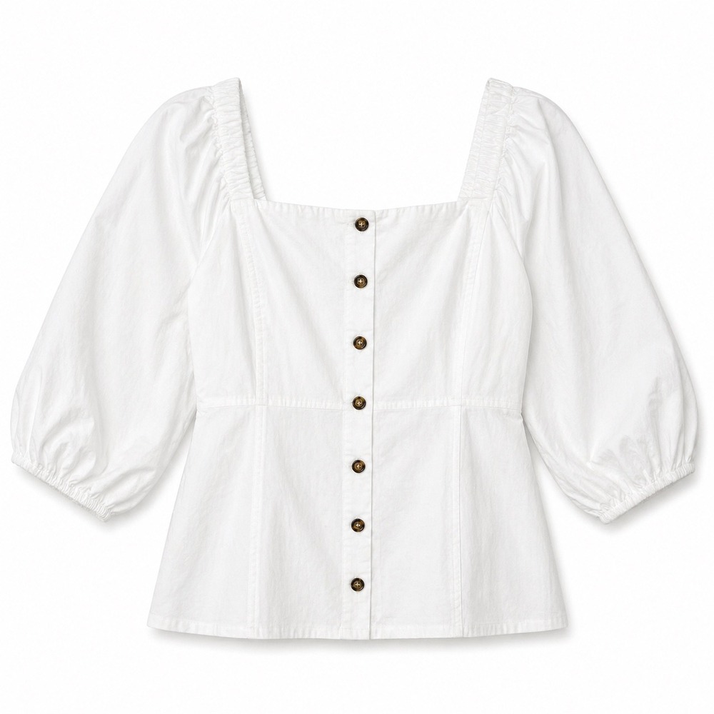 Ganni White Poplin Puff Sleeve Blouse Size 40 US 8 10 Square Neck Top